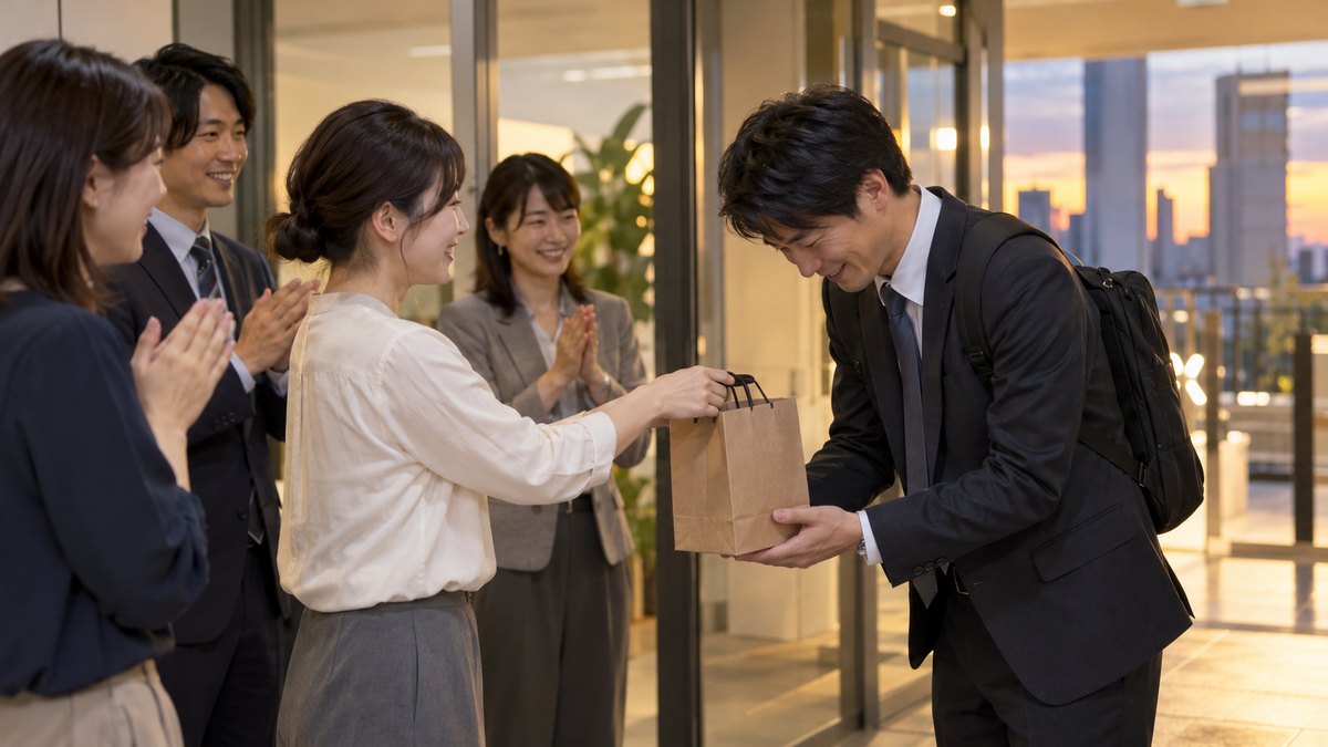 夕方のオフィスの出入口で、退職する30代の男性が同僚たちから小さな紙袋を受け取り、照れ笑いしながら頭を下げている