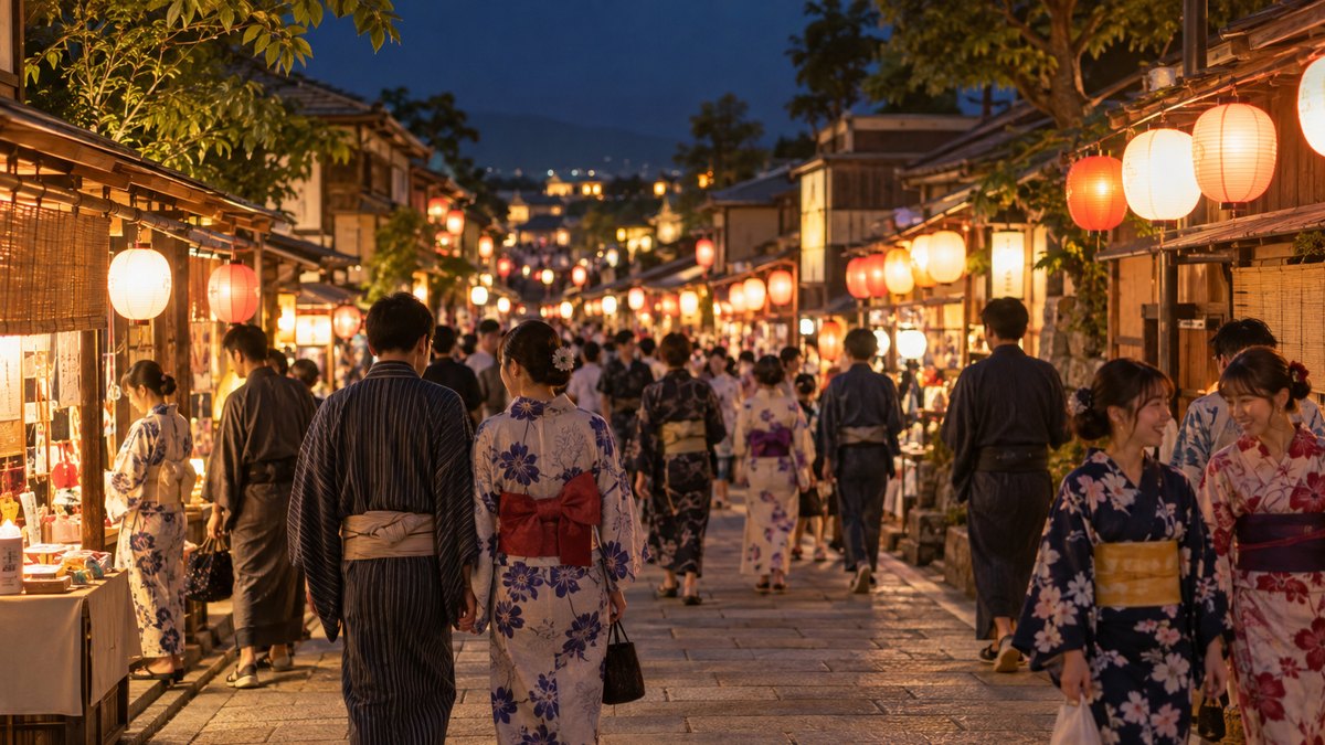 夏祭りの夜、提灯が連なる石畳の路地を、浴衣姿の見物客たちが行き交っている遠景。提灯や看板に文字は写っていない