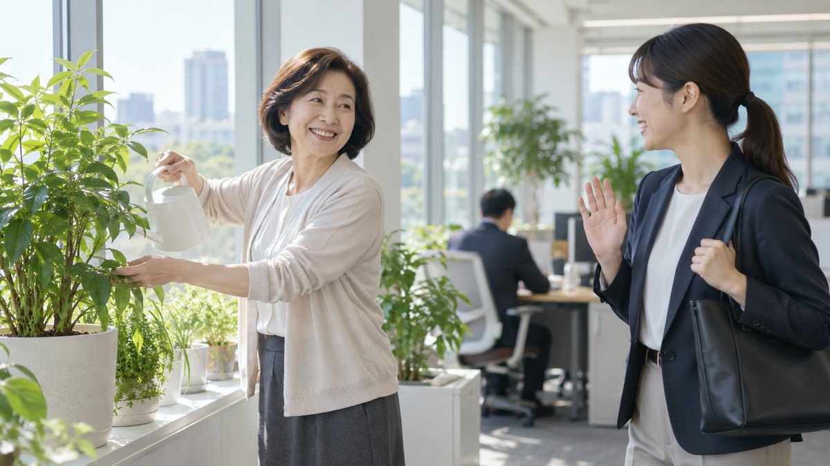 朝のオフィスの窓辺で、50代の女性社員が鉢植えの観葉植物にじょうろで水をやり、出社してきた若手社員と笑顔であいさつを交わしている