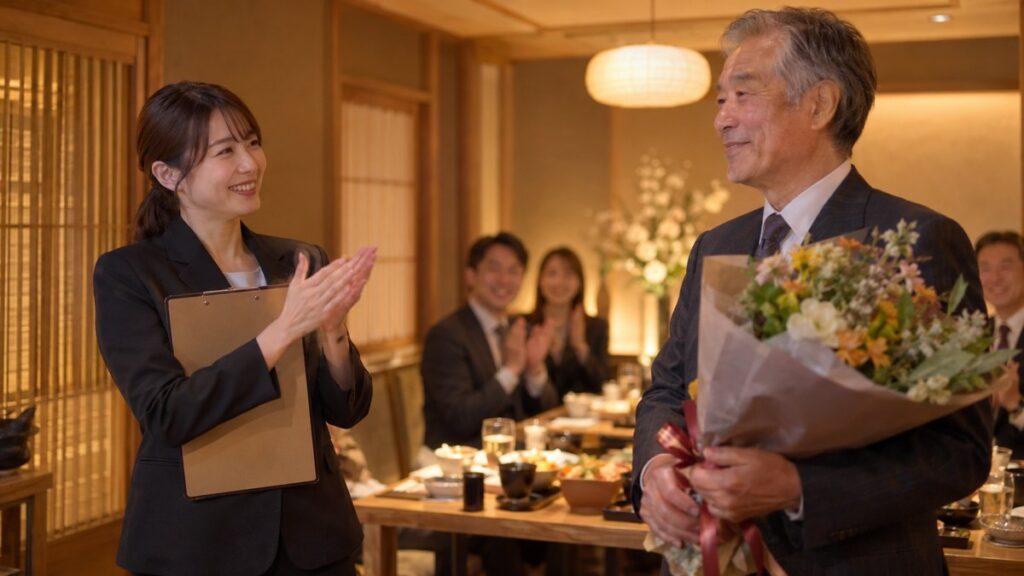和食レストランの個室で、司会の女性が進行表を手に、花束を抱えた主役の男性に拍手を送っている