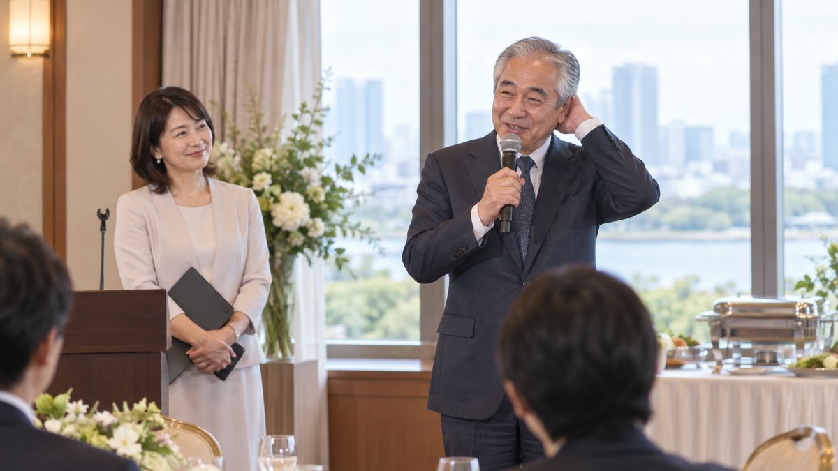 ホテルの小宴会場の窓辺で、白髪まじりの60代の男性が少し照れた笑顔でマイクを受け取り、司会の40代の女性が一歩下がって見守っている