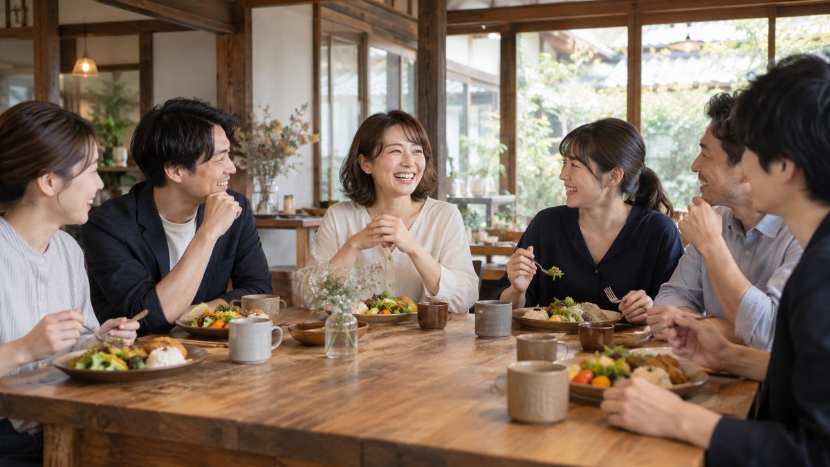 昼の古民家カフェの大きな木のテーブルで、6人の社員がランチプレートを前に座り、真ん中の30代の女性に向かって笑顔で話している