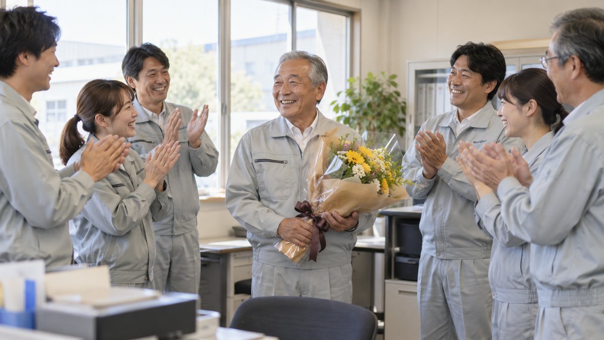 工場の事務所で、作業着姿の社員たちが輪になり、定年を迎える60代の男性に向かって笑顔で拍手を送っている