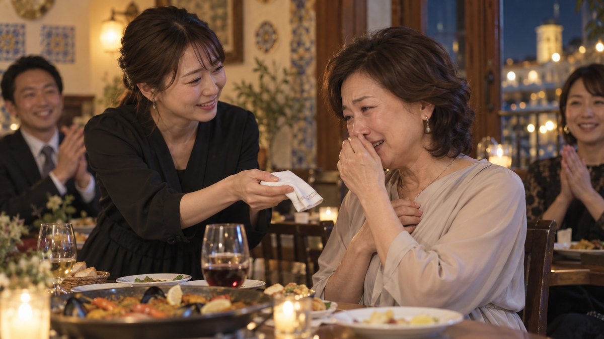 夜のスペイン料理店で、司会の30代の女性が、涙ぐみながら笑っている主役の50代の女性に、そっとハンカチを差し出している