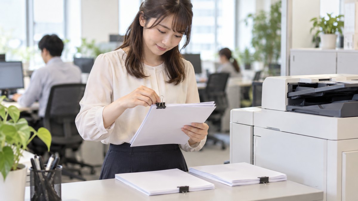 会社のコピー機の前で、20代の女性幹事が刷り上がった紙の進行表を3部そろえ、クリップで留めている手元