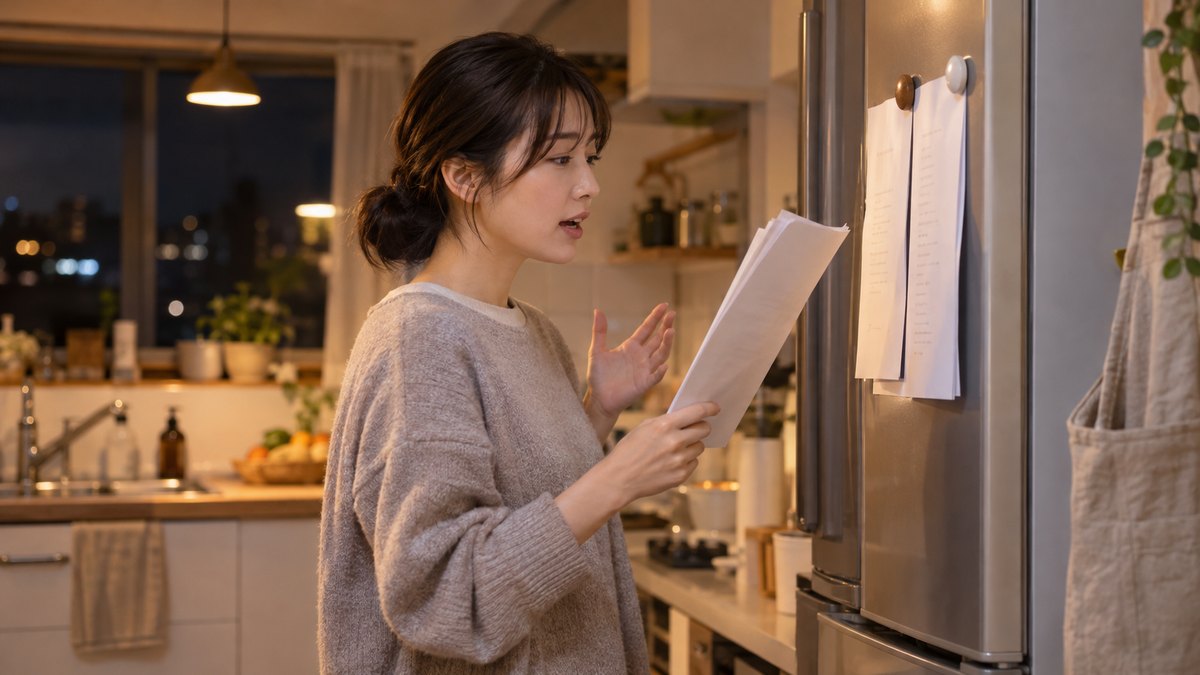 夜の自宅のキッチンで、30代の女性が冷蔵庫に紙の台本をマグネットで貼り、それを見ながら声に出して読む練習をしている