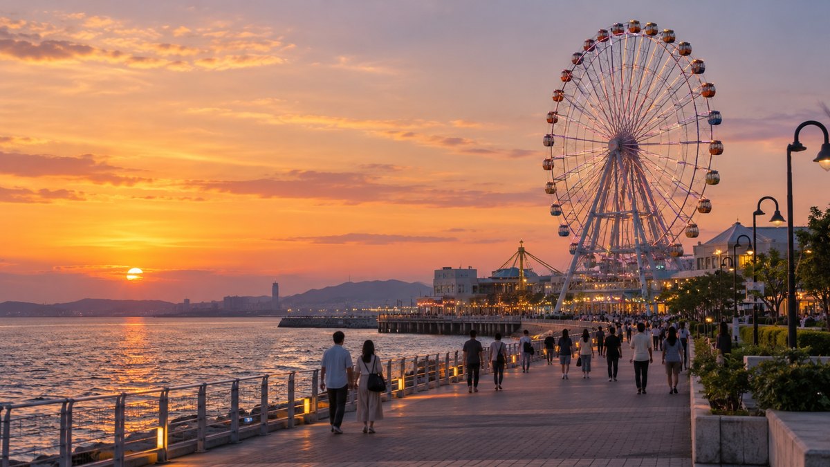 夕焼けの空の下、海沿いの遊園地の大きな観覧車がゆっくり回り、その手前の遊歩道を人々が歩いている遠景