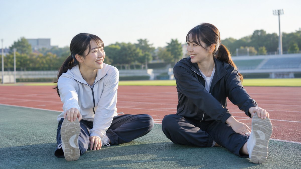 早朝、人の少ない大学の陸上競技場のトラックの脇で、ジャージ姿の女子大学生2人が並んで座り、ストレッチをしながら笑って話している
