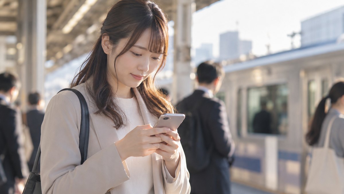 朝、通勤途中の駅のホームで、20代後半の女性がスマートフォンを両手で持ち、短いメッセージを打っている手元。画面の文字は見えない