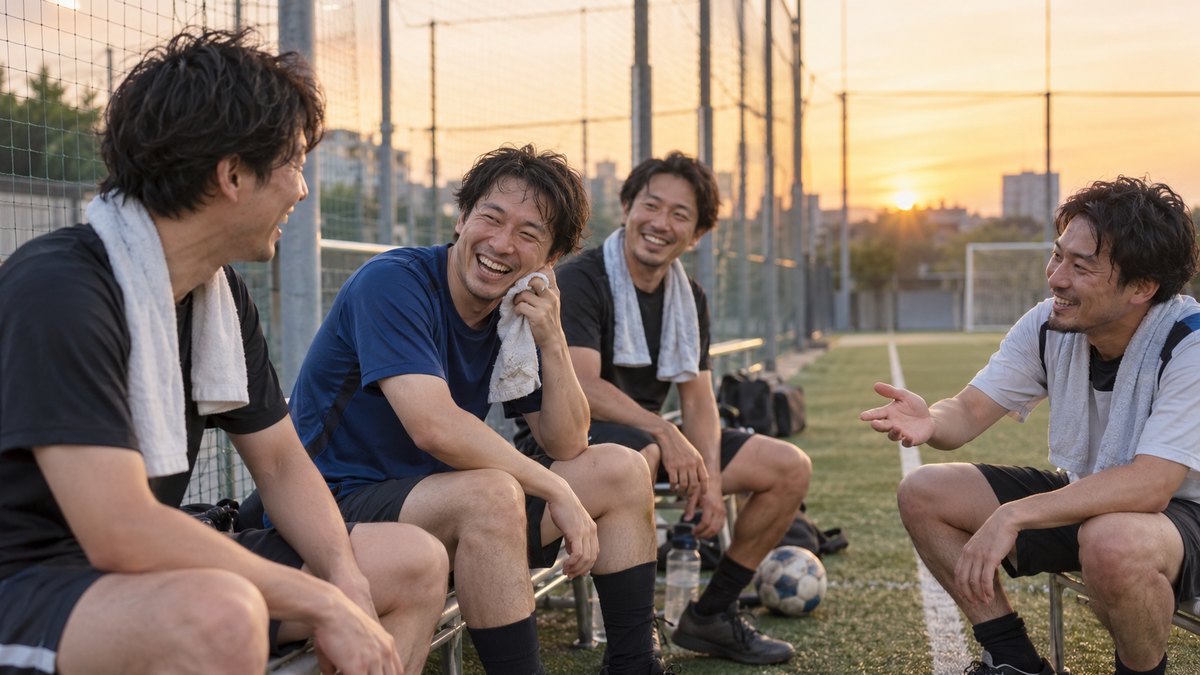 夕方、屋外のフットサルコートの端で、試合を終えたばかりの30代の男性たちがベンチに座り込み、汗をふきながら一人の話に笑い合っている