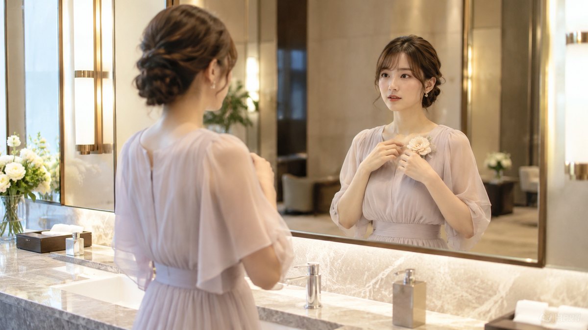 昼、ホテルの化粧室の大きな鏡の前で、淡い色のドレスを着た20代後半の女性が胸元のコサージュの位置を直しながら、小さく息を整えている。鏡に文字は写らない