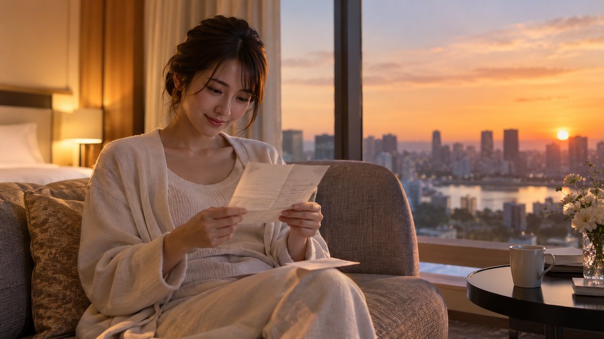夕方、ホテルの客室の窓際のソファで、ドレスから着替えた20代後半の女性が、受け取った便箋をひざの上で広げ、目を細めてほほえみながら読んでいる。便箋の文字は読めない