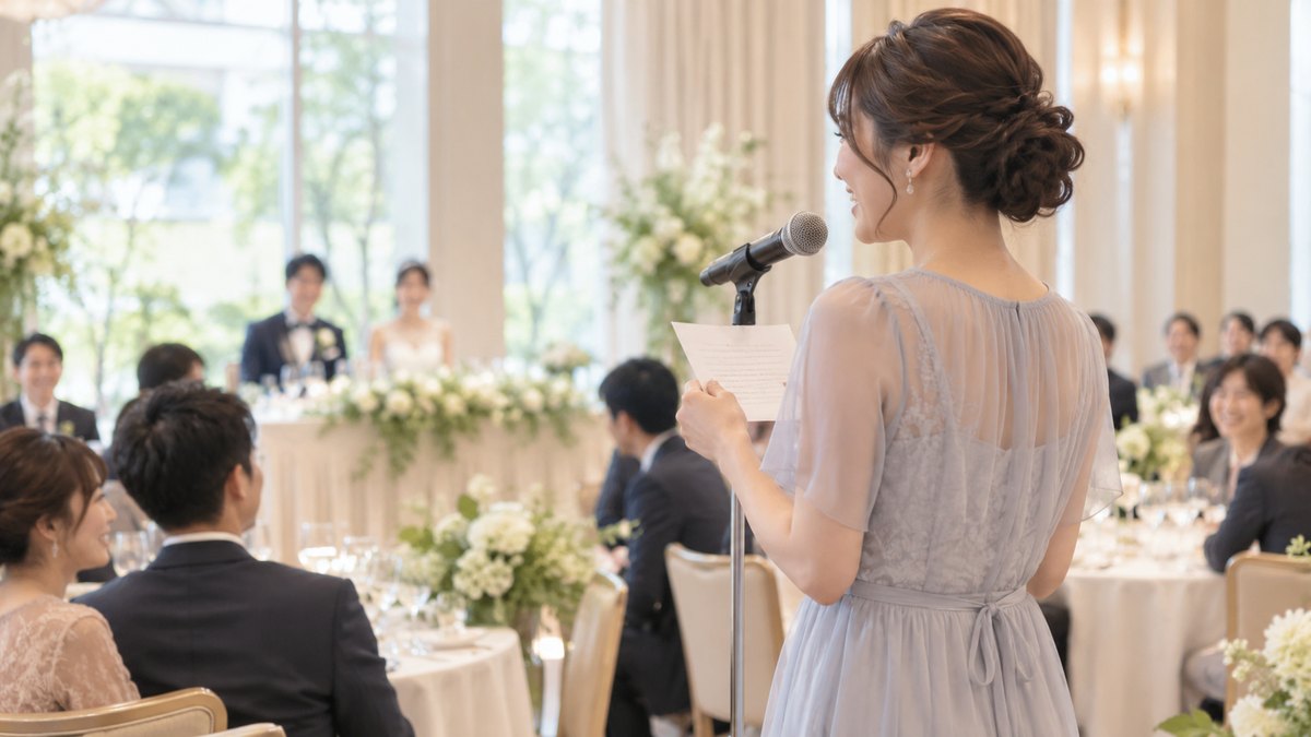 披露宴会場で、ドレスの女性ゲストがマイクの前で白い便箋を胸の高さに持ち、友人代表スピーチを笑顔で話している