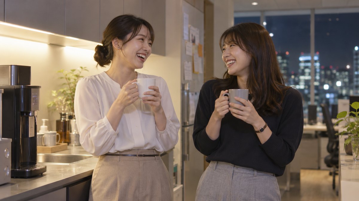 夜、オフィスの給湯室で、20代後半の女性社員2人がマグカップを手に並んで立ち、仕事の後の雑談で楽しそうに笑い合っている。掲示の文字は読めない