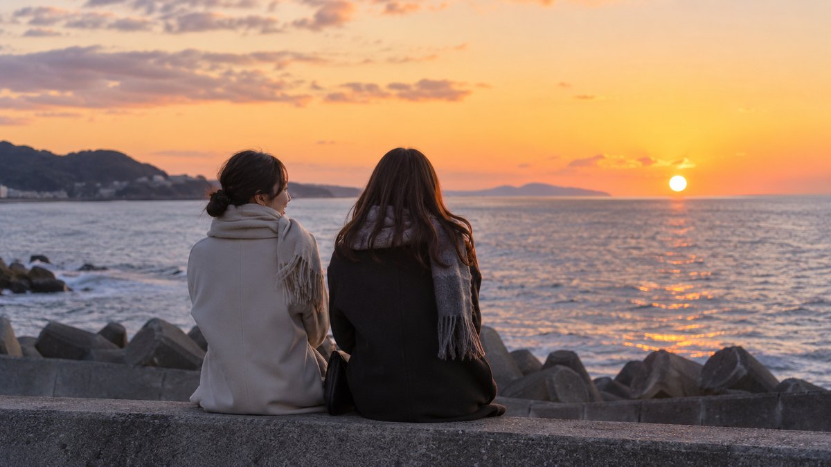 冬の夕方、海辺の防波堤に20代後半の女性2人が並んで腰かけ、沈んでいく夕日を見ながら静かに話している後ろ姿