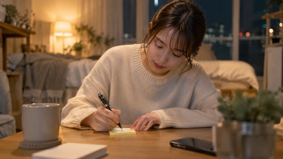 夜、ワンルームの部屋の低いテーブルで、20代後半の女性が黄色い付箋を1枚だけ手に取り、ペンで短い言葉を書こうとしている手元。付箋の文字は読めない