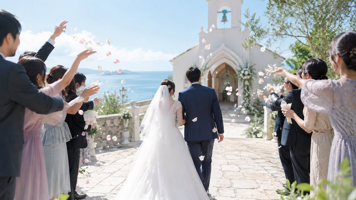 昼、海の見える小さなチャペルの前の石畳で、ゲストたちが花びらを投げ、白いドレスの新婦と紺のタキシードの新郎が並んで歩いていく後ろ姿。顔は写らない