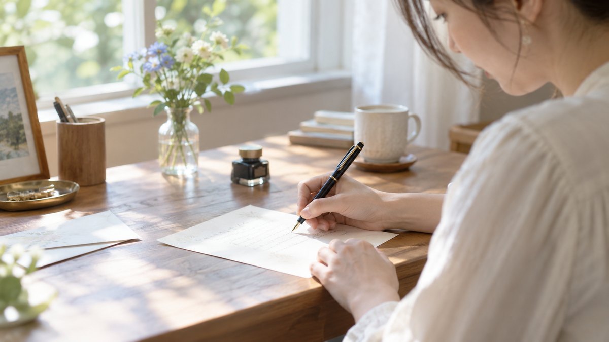 昼、自宅の窓際の木の机で、20代後半の女性が淡い色の便箋に万年筆で手紙を書いている手元。窓から柔らかな光が差し、便箋の文字はぼけて読めない