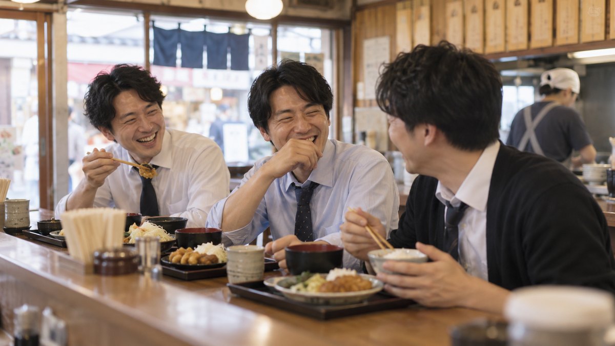 昼、商店街の古い定食屋のカウンター席で、30代の男性3人が並んで座り、一人の話に肩をゆらして笑いながら定食を食べている。お品書きの文字は読めない