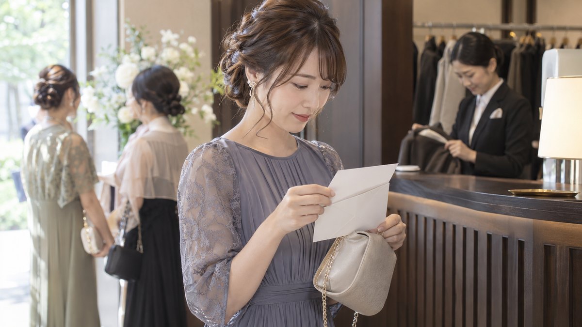 昼、結婚式場のクロークの前で、ドレス姿の20代後半の女性ゲストが小さなバッグから白い封筒を取り出し、中の紙を確かめている。看板の文字は読めない