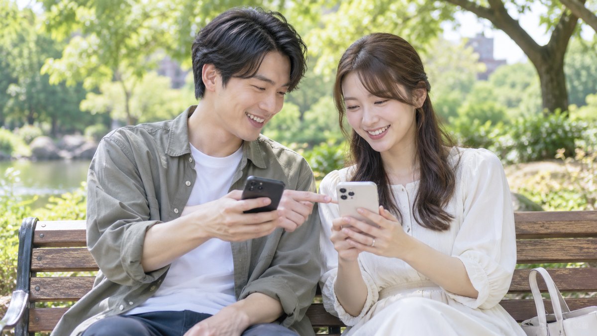 休日の昼、緑の多い公園のベンチで、婚約した20代後半の男女が並んで座り、それぞれのスマートフォンを見せ合いながら相談している。画面の文字は見えない