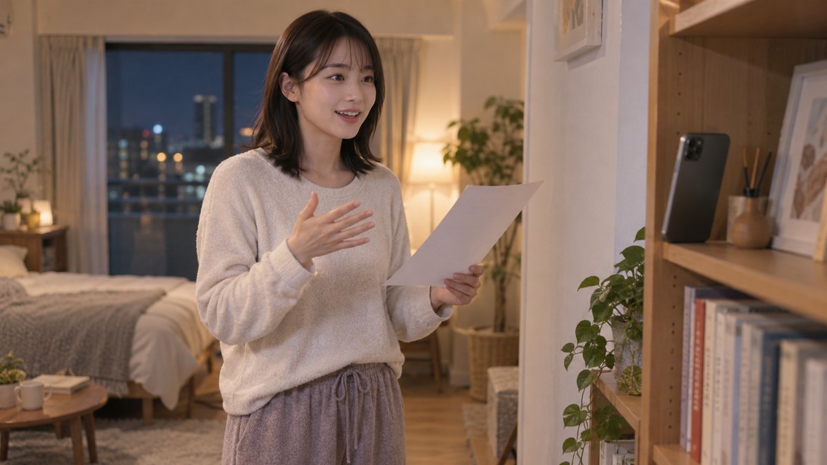 夜、ワンルームの部屋で、部屋着の20代後半の女性が本棚にスマートフォンを立てかけ、その前に立って白い紙を手に話す練習をしている。スマートフォンの画面は見えない