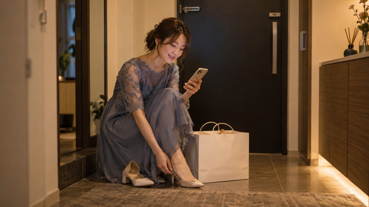 夜、マンションの玄関で、ドレス姿の20代後半の女性が引き出物の紙袋を床に置き、靴を脱ぎながらスマートフォンを見てほっとしたようにほほえんでいる。画面は見えない