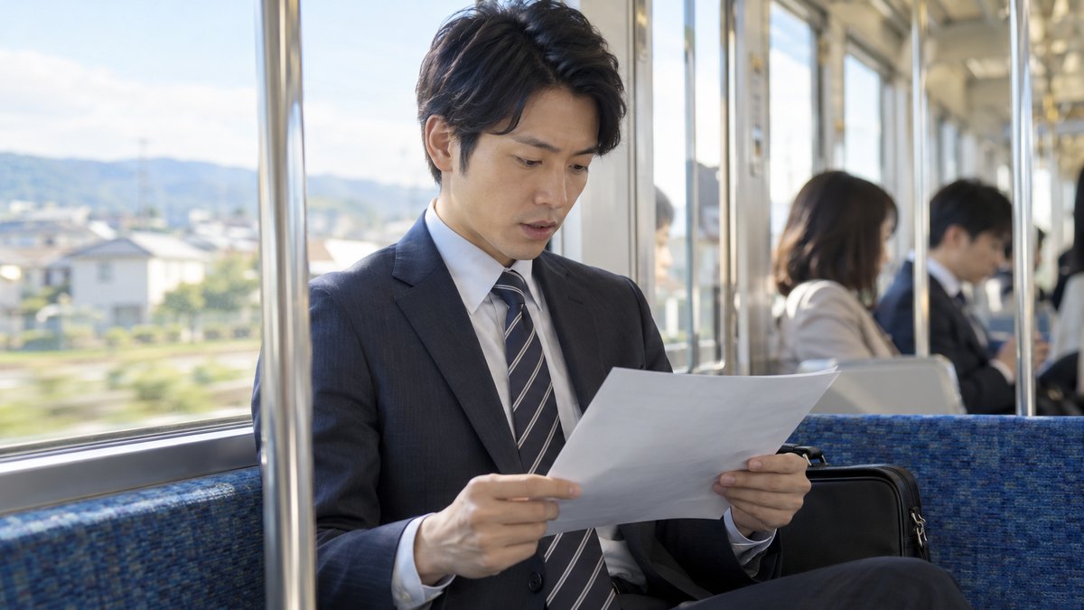 朝、郊外へ向かう電車の座席で、ダークスーツの20代後半の男性がひざの上に白い紙を一枚広げ、目で追いながら小さく口を動かしている。紙の文字は読めない