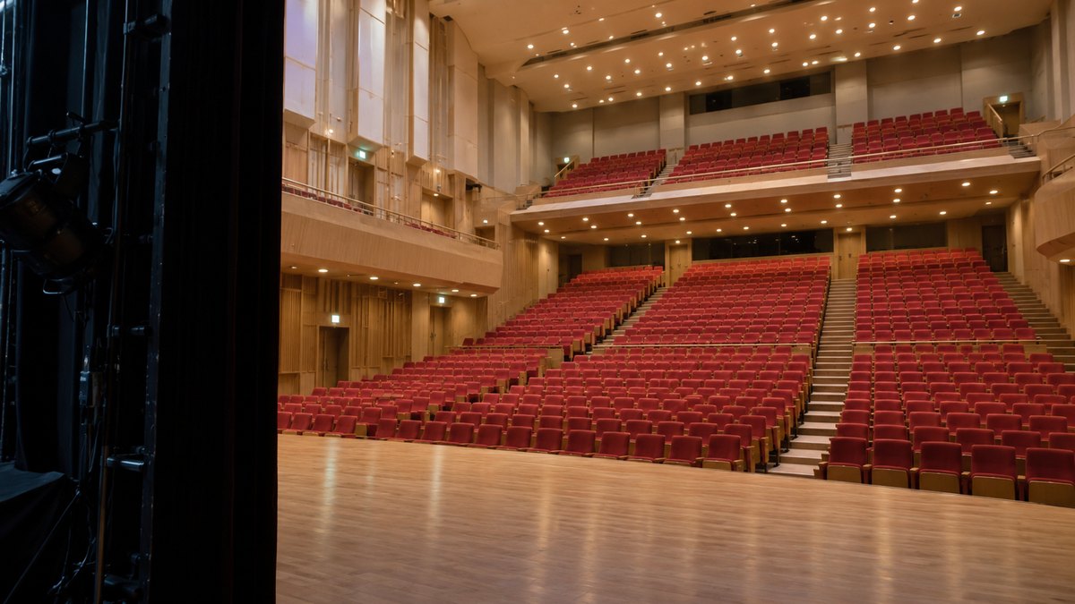 昼、人のいない市民ホールの客席を、舞台の袖の暗がりから見た眺め。客席の赤い椅子が奥まで並び、天井の照明が柔らかく灯っている。文字や看板は写らない
