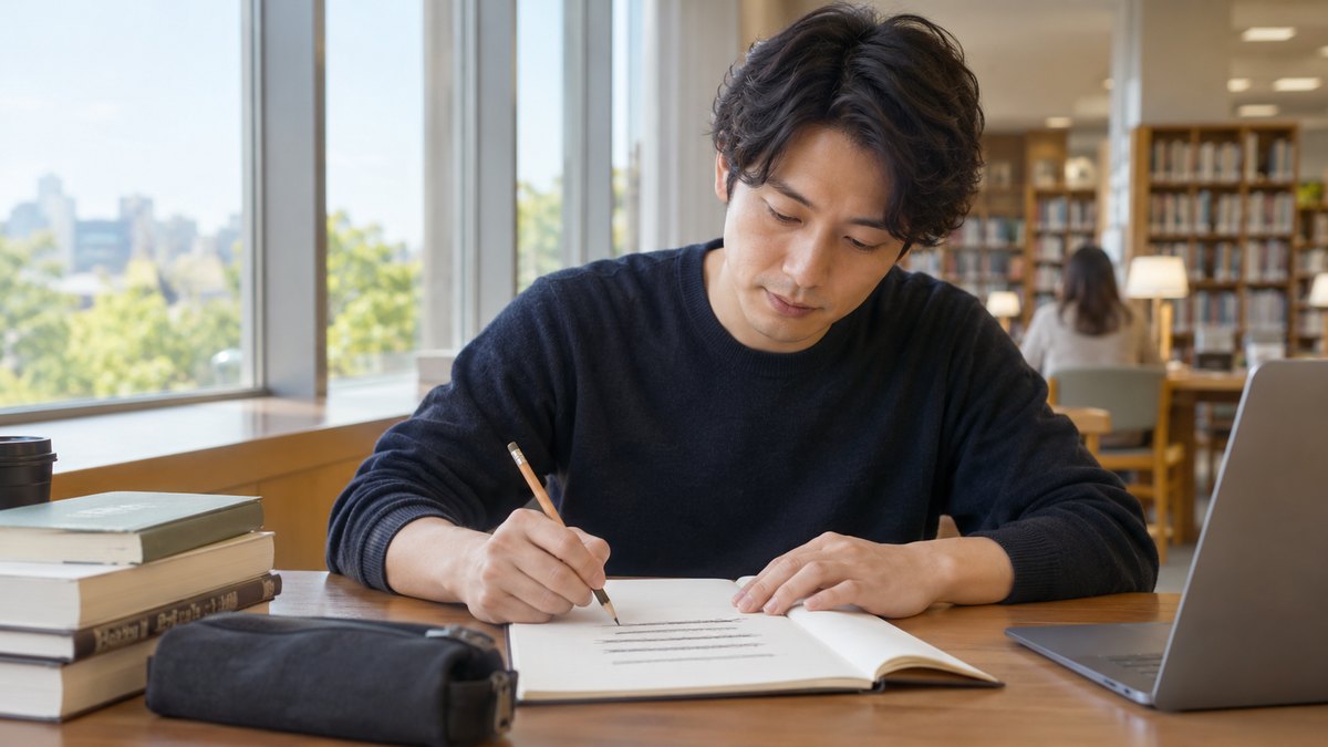 昼、図書館の窓際の閲覧席で、20代後半の男性がノートに書いた数行のうち、一行だけを残して残りを鉛筆で線を引いて消している手元。文字は読めない