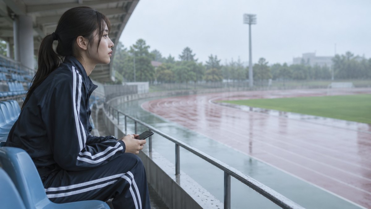 雨の朝、大学の陸上競技場の屋根のあるスタンドの下で、ジャージ姿の女子大学生が一人でスマートフォンを手にし、雨にぬれたトラックを見つめている。画面は見えない