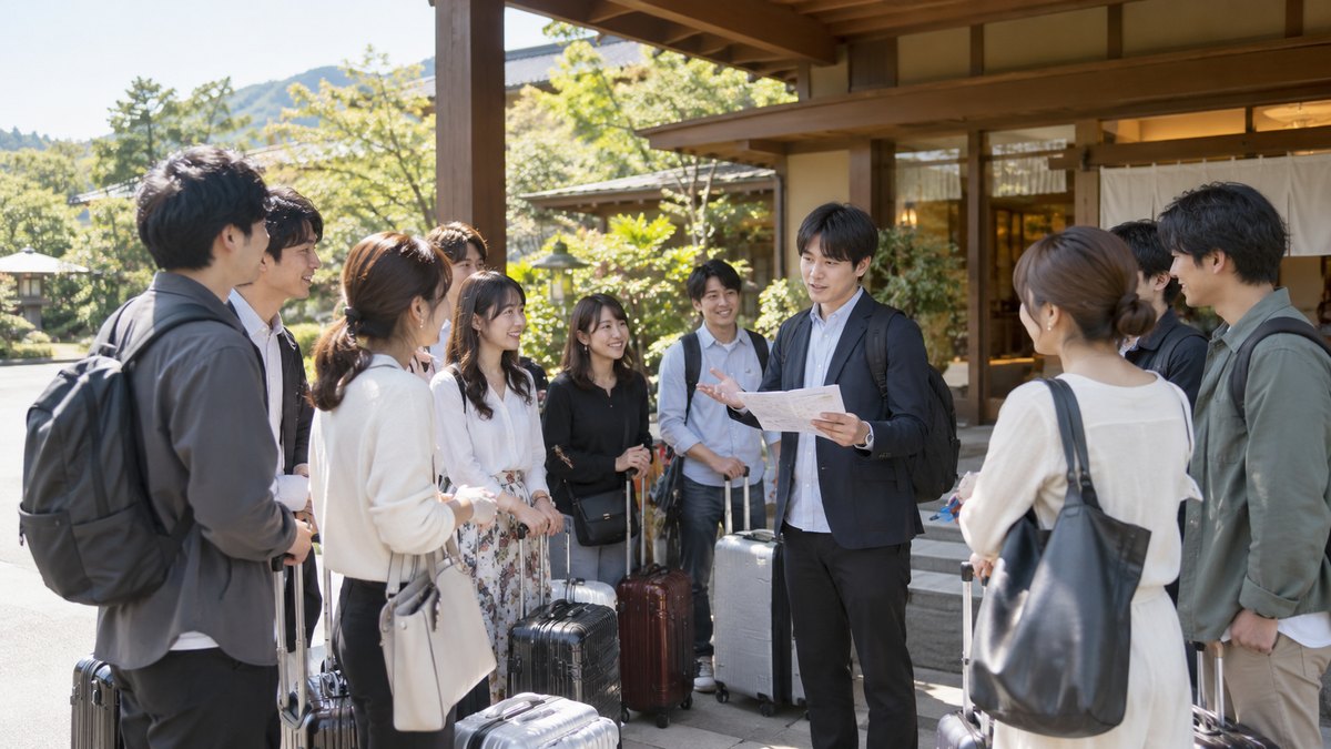 昼、温泉旅館の玄関前で、20代の会社員の男女10人ほどが集まり、一人の男性が手元の紙を見ながら皆に部屋の案内をしている。紙や看板の文字は読めない