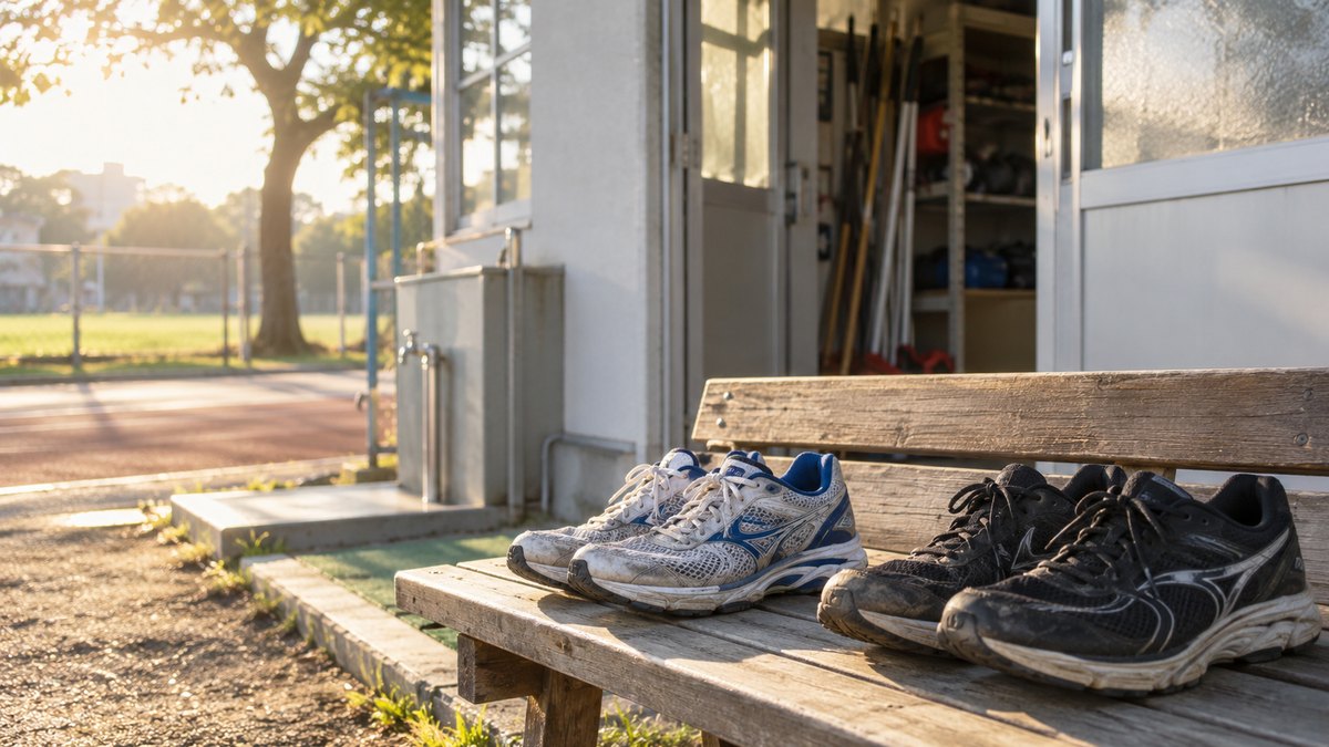 朝、大学の陸上部の部室の前の木のベンチに、使い込んだ2足のランニングシューズが並べて置かれ、朝日が差している。人は写らない。文字は無い