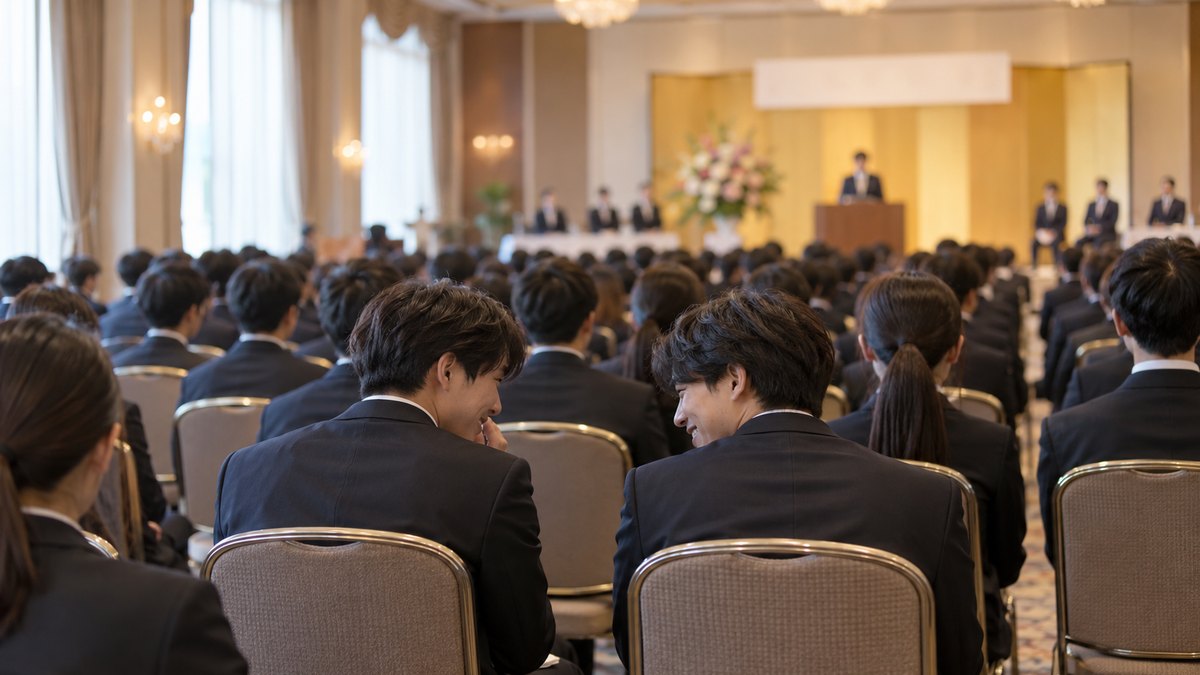朝、ホテルの大広間で開かれた入社式の後方の席で、スーツ姿の新入社員の男性2人が隣同士で小声で話し、照れたように笑い合っている。顔は小さく写る。看板の文字は読めない
