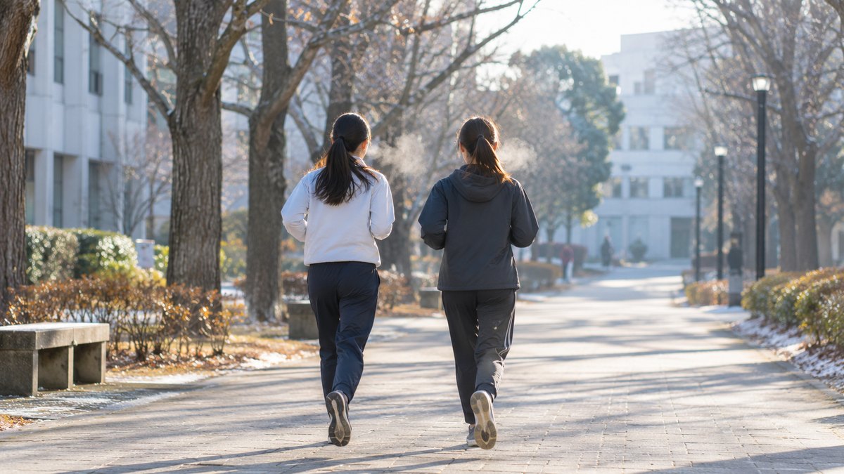 冬の朝、大学のキャンパスの並木道を、ジャージ姿の女子大学生2人が白い息を吐きながら並んでジョギングしている後ろ姿