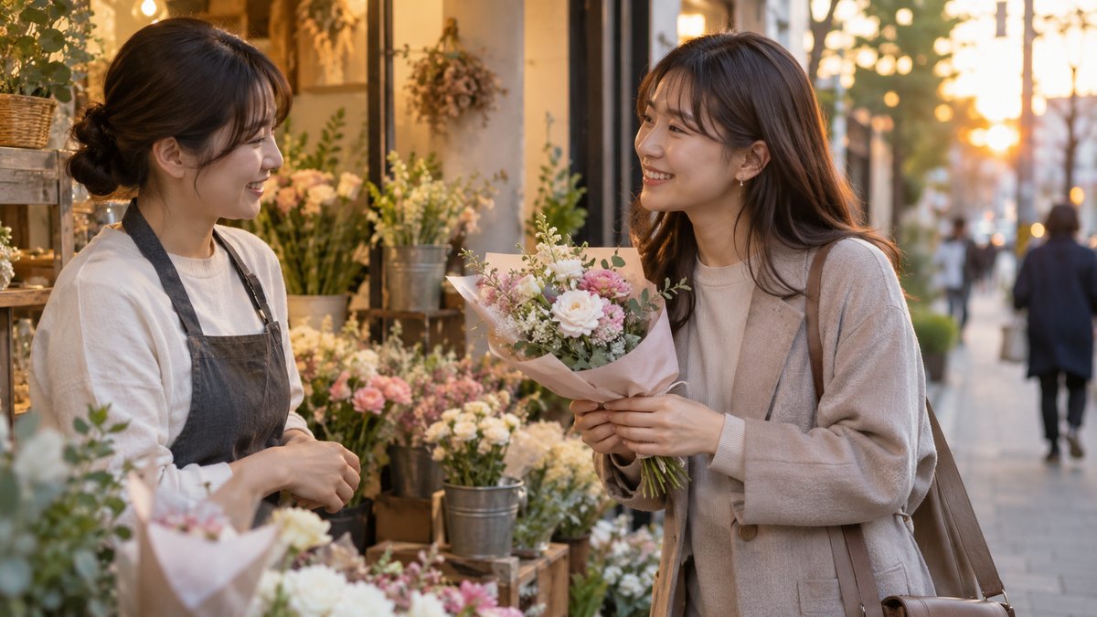 夕方、街の小さな花屋の店先で、20代後半の女性が白とピンクの花でまとめた小さなブーケを手に取り、店員の女性と笑顔で話している。看板や値札の文字は読めない