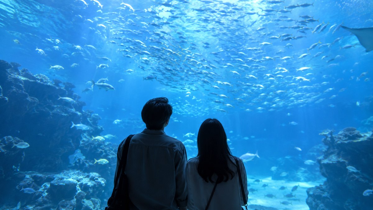 昼、水族館の大きな水槽の前で、30代の夫婦が並んで立ち、青い光の中で泳ぐ魚の群れを静かに見上げている後ろ姿