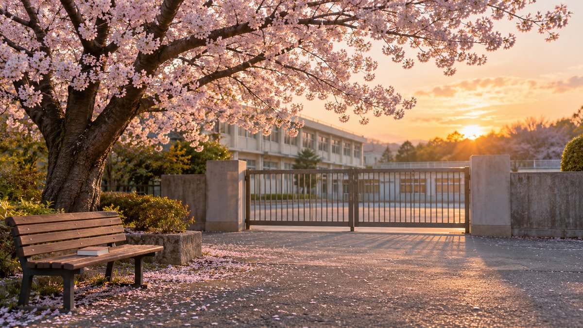 春の夕方、人のいない小学校の校門の前に、満開の桜の木が一本立ち、その下のベンチに一冊の本が置かれている。人は写らない。文字は無い