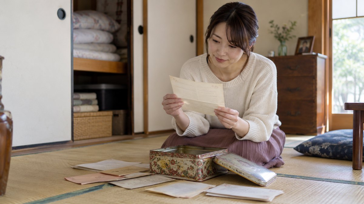 昼、実家の和室の畳の上で、30代の女性が押し入れから出したお菓子の缶を開け、中に入っていた古い手紙を何通か広げて一通を読んでいる。手紙の文字は読めない