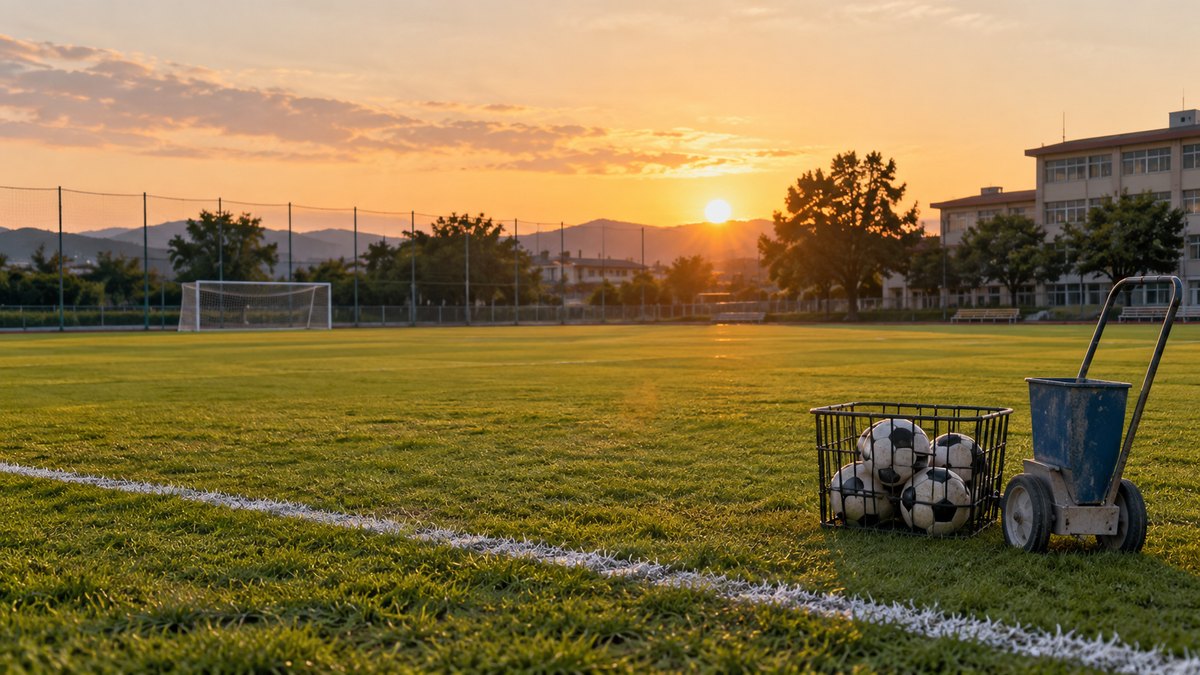 夕方、人のいない高校のサッカーグラウンドの端に、磨かれたサッカーボールが入ったかごと、白線を引く道具が置かれ、西日が芝を照らしている。人は写らない。文字は無い