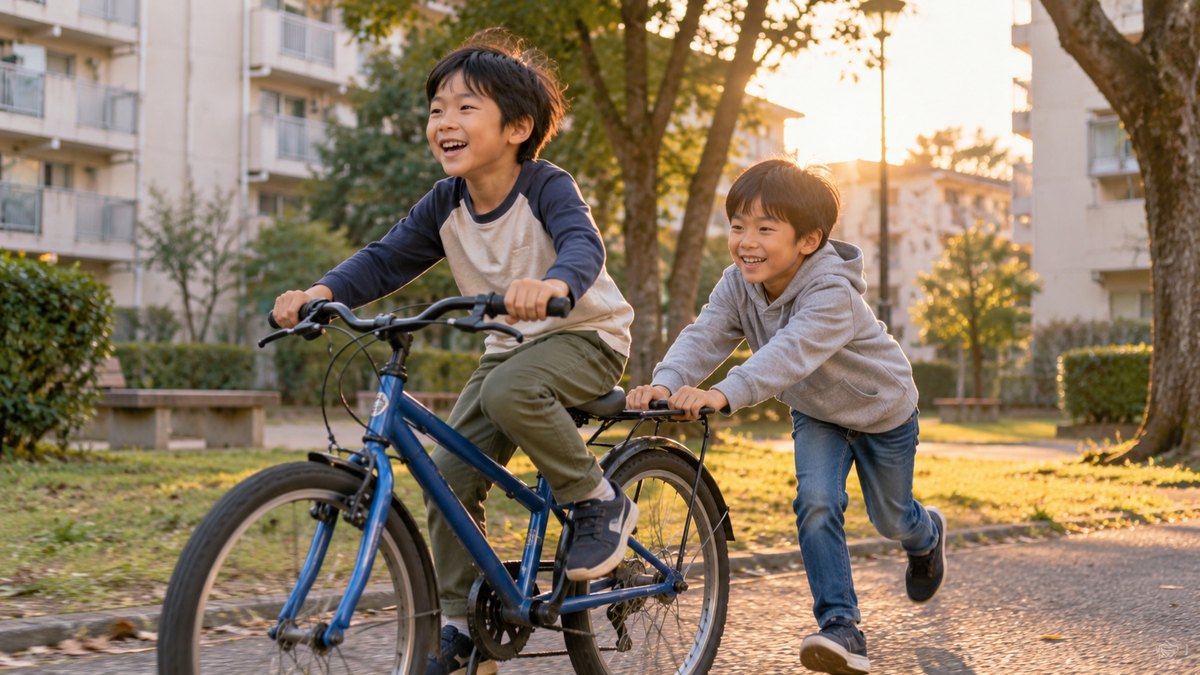 夕方、古い団地の中庭で、補助輪のない自転車に乗った小学生の男の子の後ろの荷台を、同じ年頃の男の子が両手で押しながら一緒に走っている