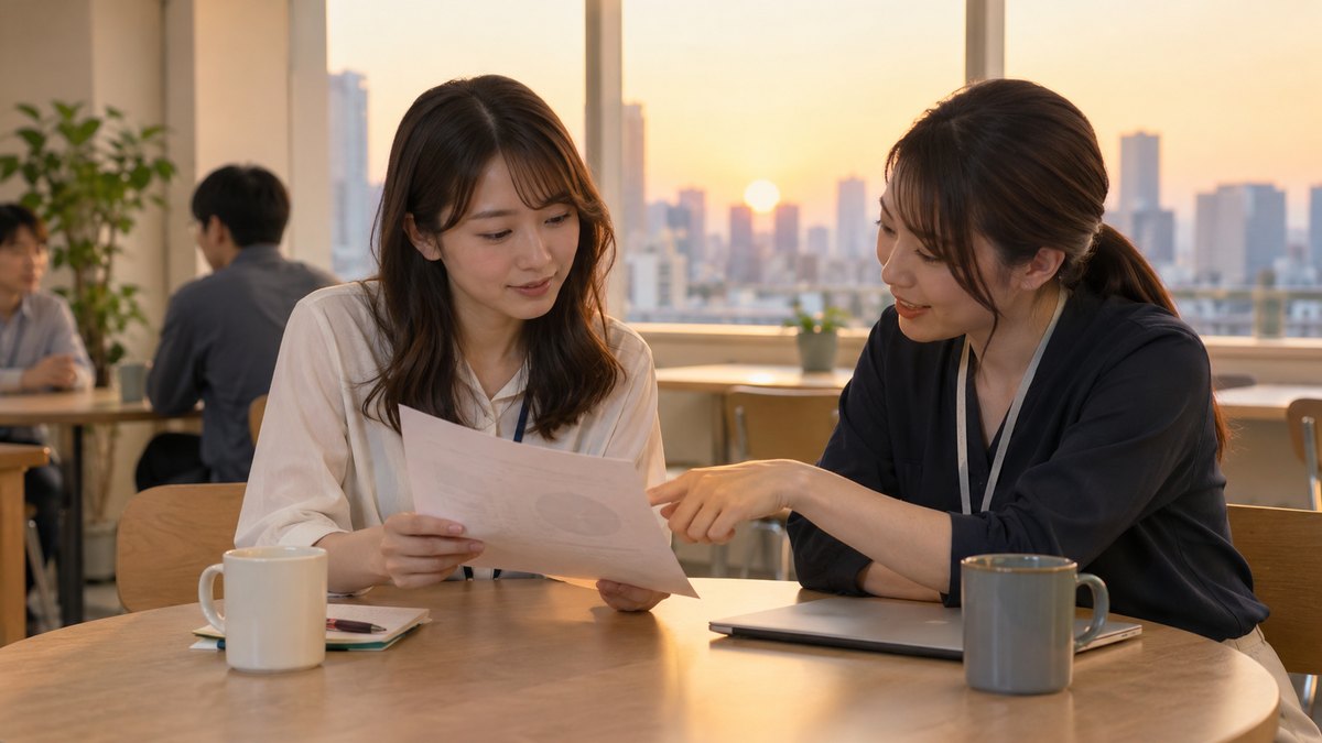 夕方、職場の休憩スペースで、20代後半の女性が同僚の女性に一枚の紙を見せ、同僚がその紙の一か所を指さしながら何か伝えている。紙の文字は読めない