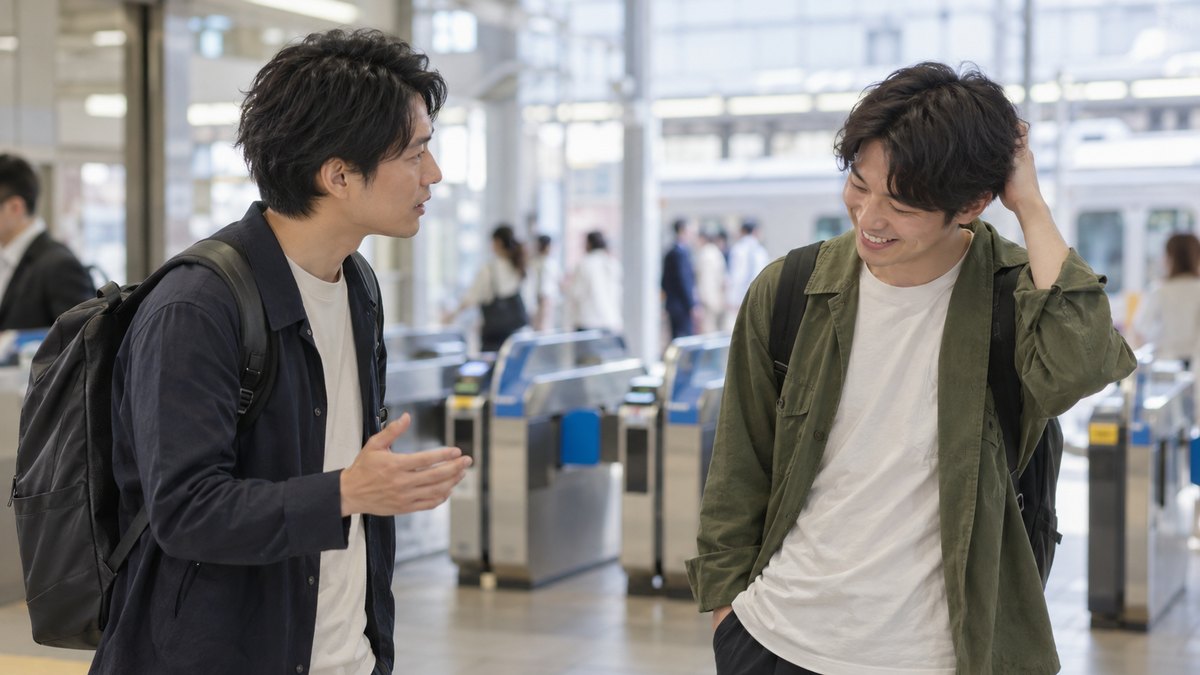 昼、地元の駅の改札の前で、20代後半の男性が久しぶりに会った同年代の友人の男性と向き合い、真剣な顔で話しかけ、友人が照れたように頭に手をやって笑っている