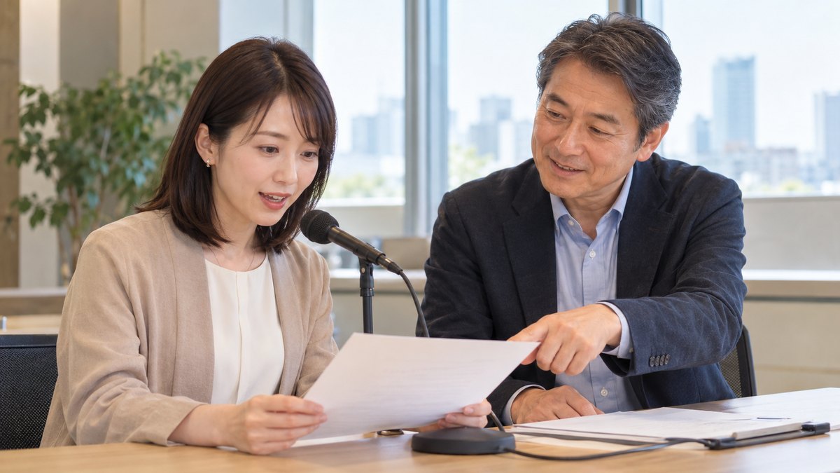 明るい研修室で、卓上マイクの前で原稿を持つ女性会社員に、男性講師が声の出し方を助言している