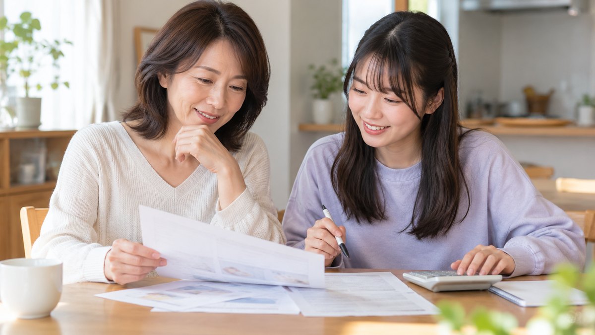 休日の昼、自宅のダイニングテーブルで、40代の母親と大学生の娘が並んで座り、紙の講座案内と電卓を前に穏やかに相談している近景。紙と電卓の文字や数字は読めない