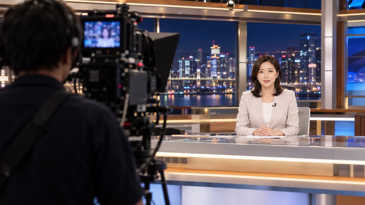 夜のテレビ局のニューススタジオで、30代の女性キャスターがデスクに座ってカメラに向かって話し、手前の男性カメラマンの背中と大きなテレビカメラが写っている。モニターやセットに文字やロゴは無い