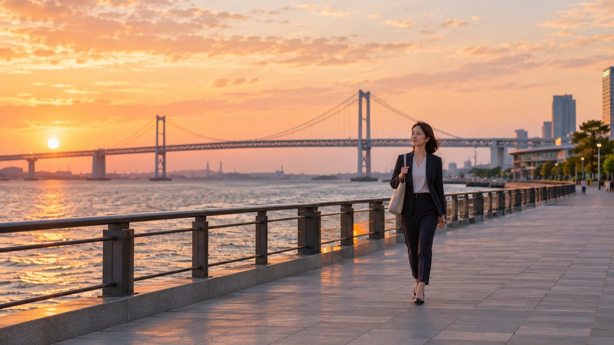 夕方、海沿いの広い遊歩道を、仕事帰りの30代の女性会社員がトートバッグを肩にかけ、前を向いて歩いている遠景。背景に海と橋が見える。建物や看板の文字は見えない