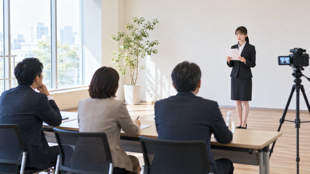 午後、明るいオーディション会場で、20代前半の女子学生がスーツ姿でカメラの前に立ち、原稿を持って読み上げていて、手前の長机で3人の審査員が見守っている遠景。壁や机に文字は無い