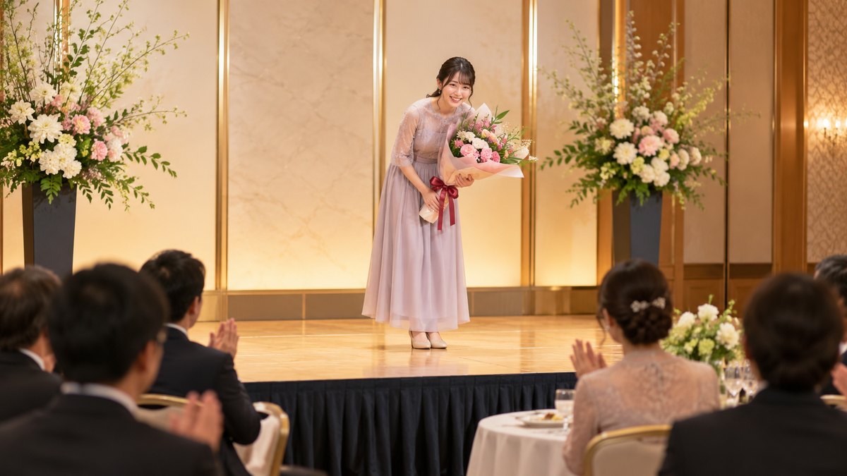 夕方、ホテルの宴会場の明るいステージの上で、20代前半の女子学生が花束を受け取り、笑顔で客席に向かってお辞儀をしている遠景。ステージや背景に文字やロゴは無い