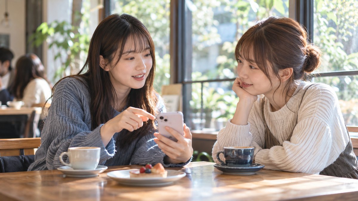 休日の午後、カフェの窓際のテーブル席で、20代前半の女子学生2人が向かい合い、片方がスマホを見せながら相談し、もう片方がうなずいて聞いている近景。スマホの画面の文字は見えない